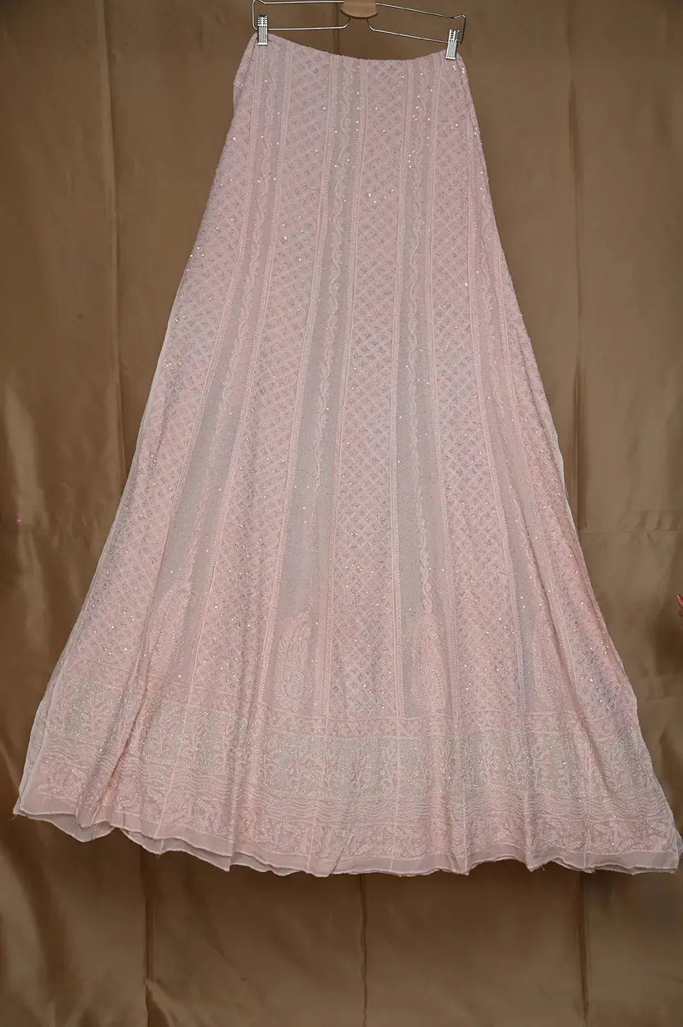 Viscose Anarkali - Semi Stitched - Pearl Work - Pale Pink - Lucknawi Chikankari