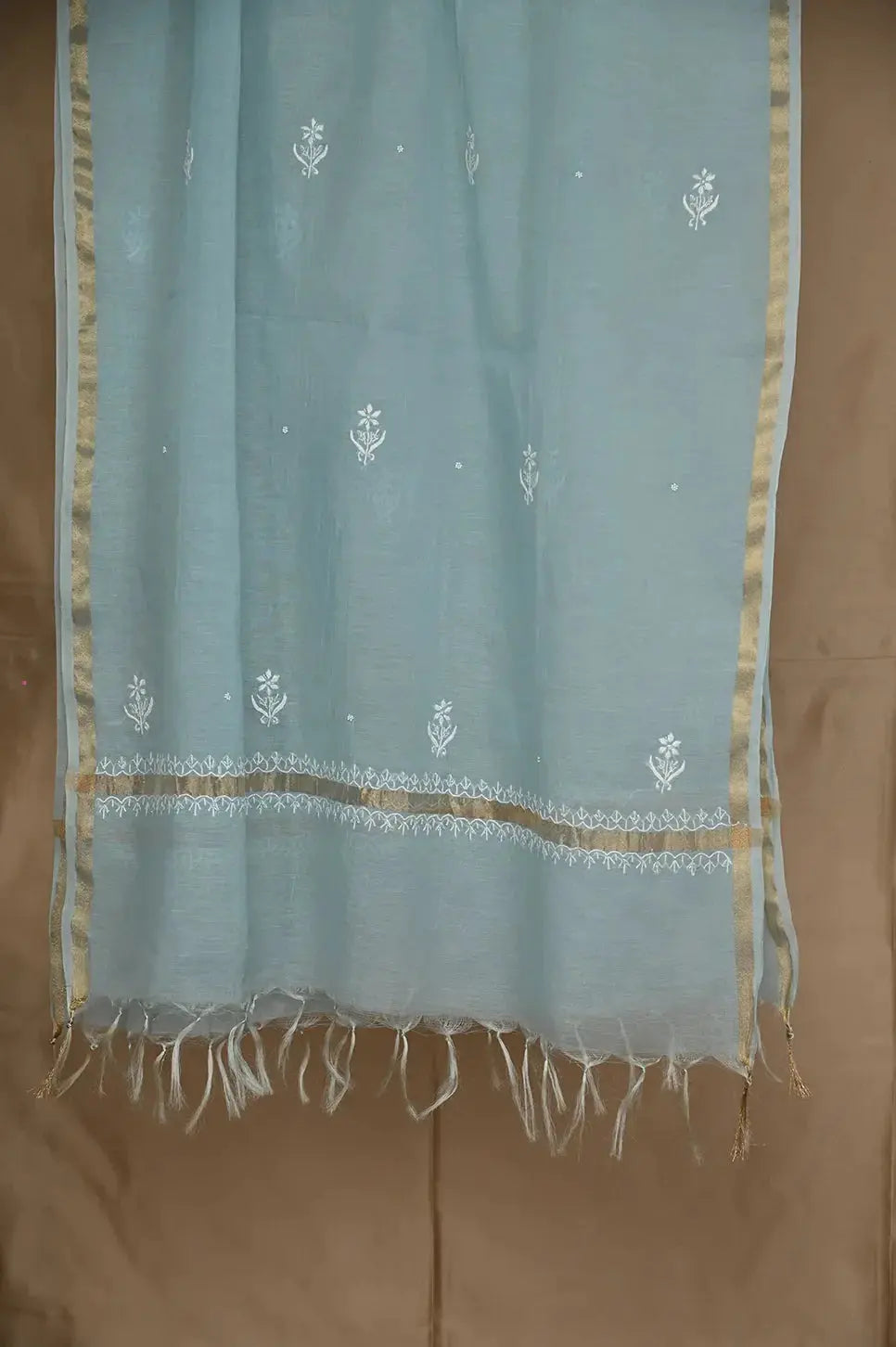 Mul Chanderi Anarkali - Blue - Lucknawi Chikankari