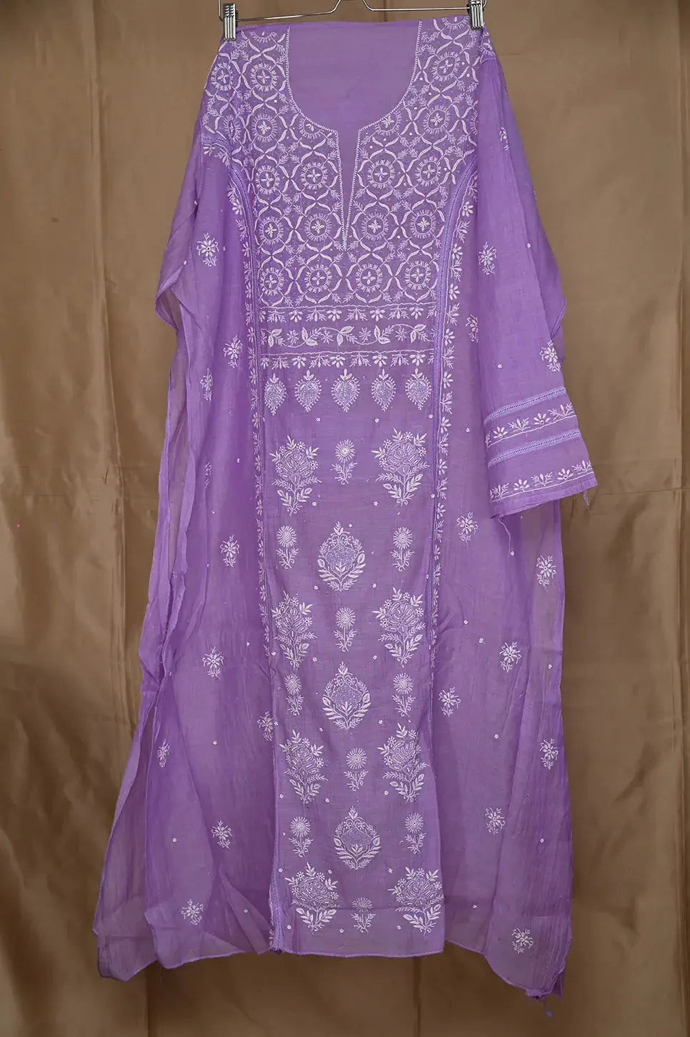 Mul Chanderi Anarkali - Purple - Lucknawi Chikankari