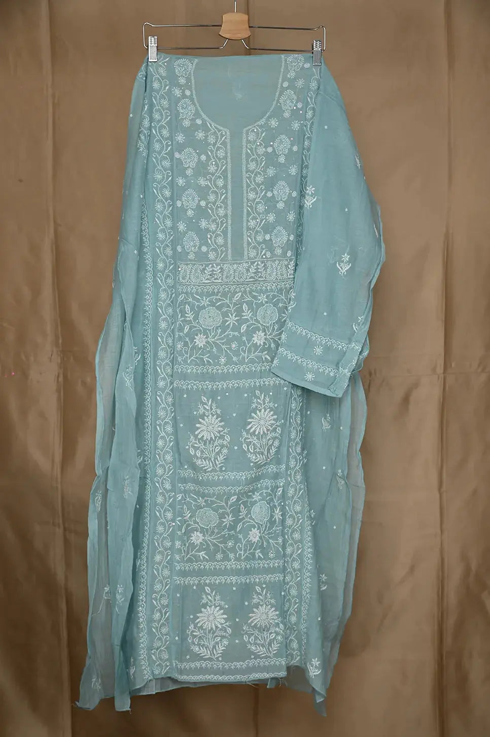 Mul Chanderi Anarkali - Blue - Lucknawi Chikankari