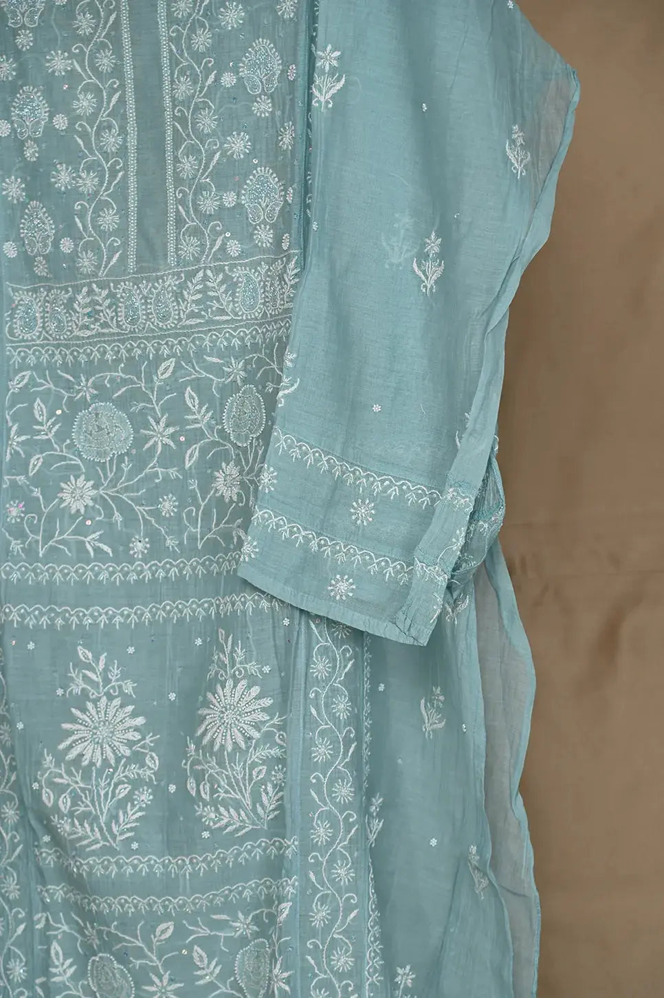 Mul Chanderi Anarkali - Blue - Lucknawi Chikankari