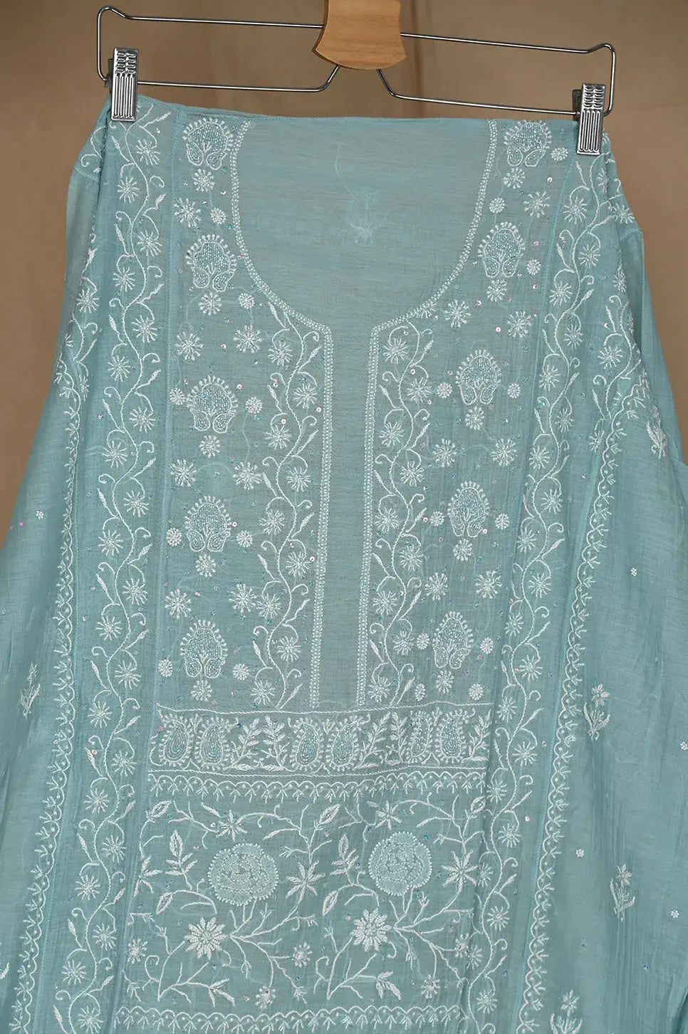 Mul Chanderi Anarkali - Blue - Lucknawi Chikankari