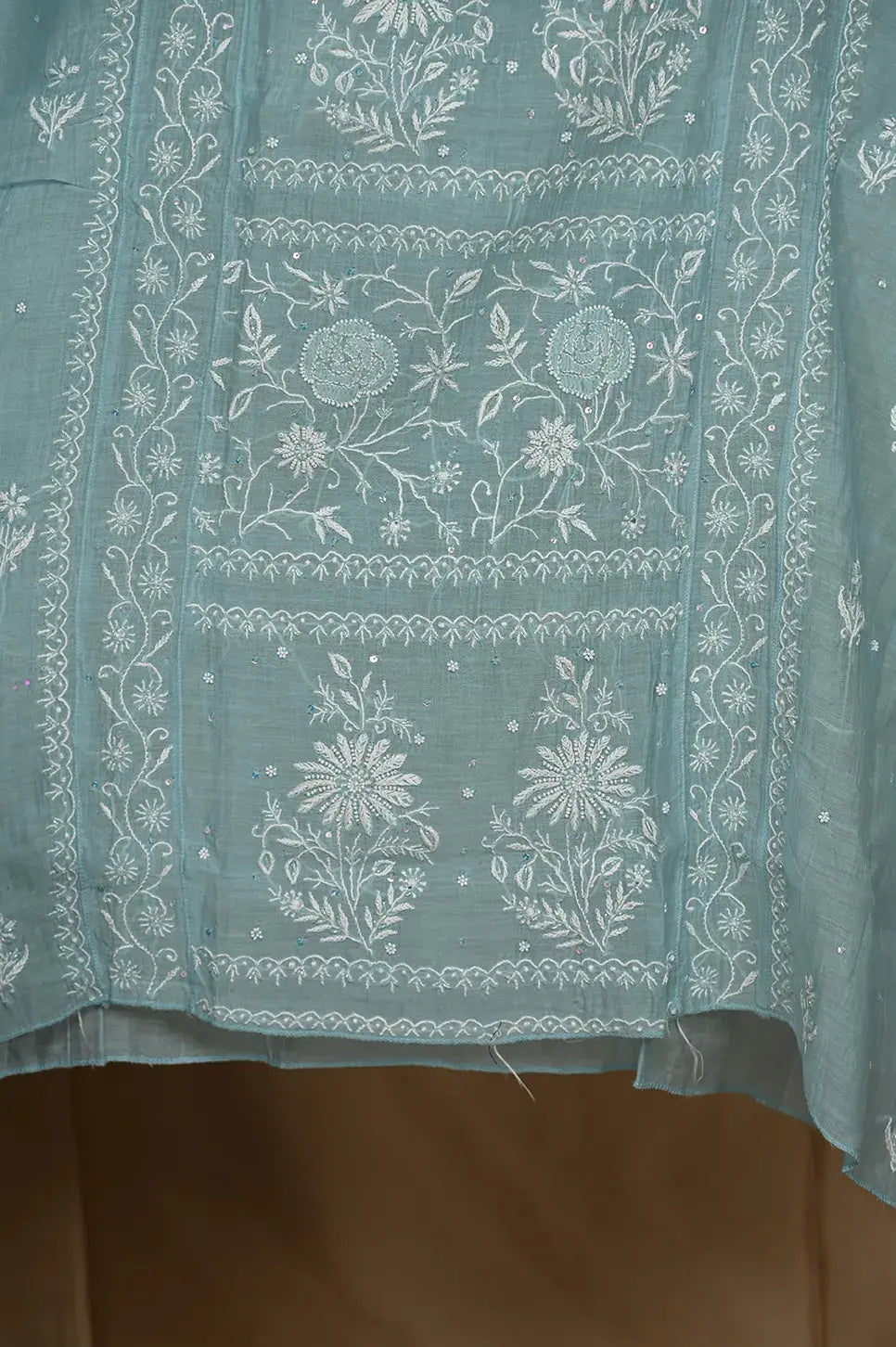 Mul Chanderi Anarkali - Blue - Lucknawi Chikankari