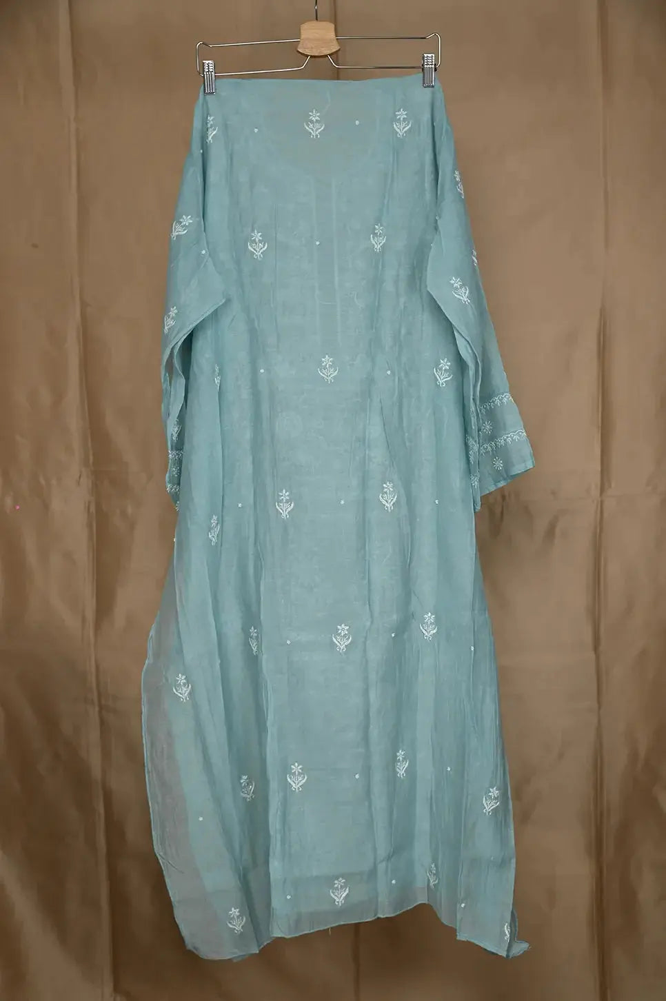 Mul Chanderi Anarkali - Blue - Lucknawi Chikankari