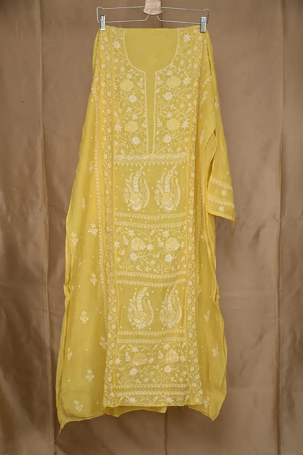 Mul Chanderi Anarkali - Yellow - Lucknawi Chikankari