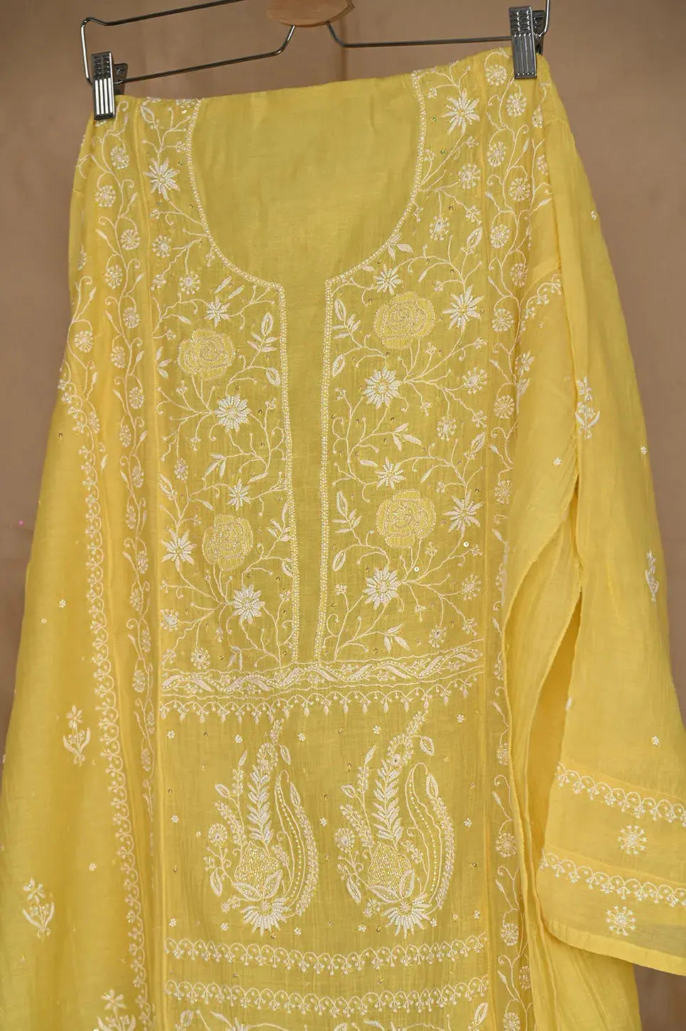 Mul Chanderi Anarkali - Yellow - Lucknawi Chikankari