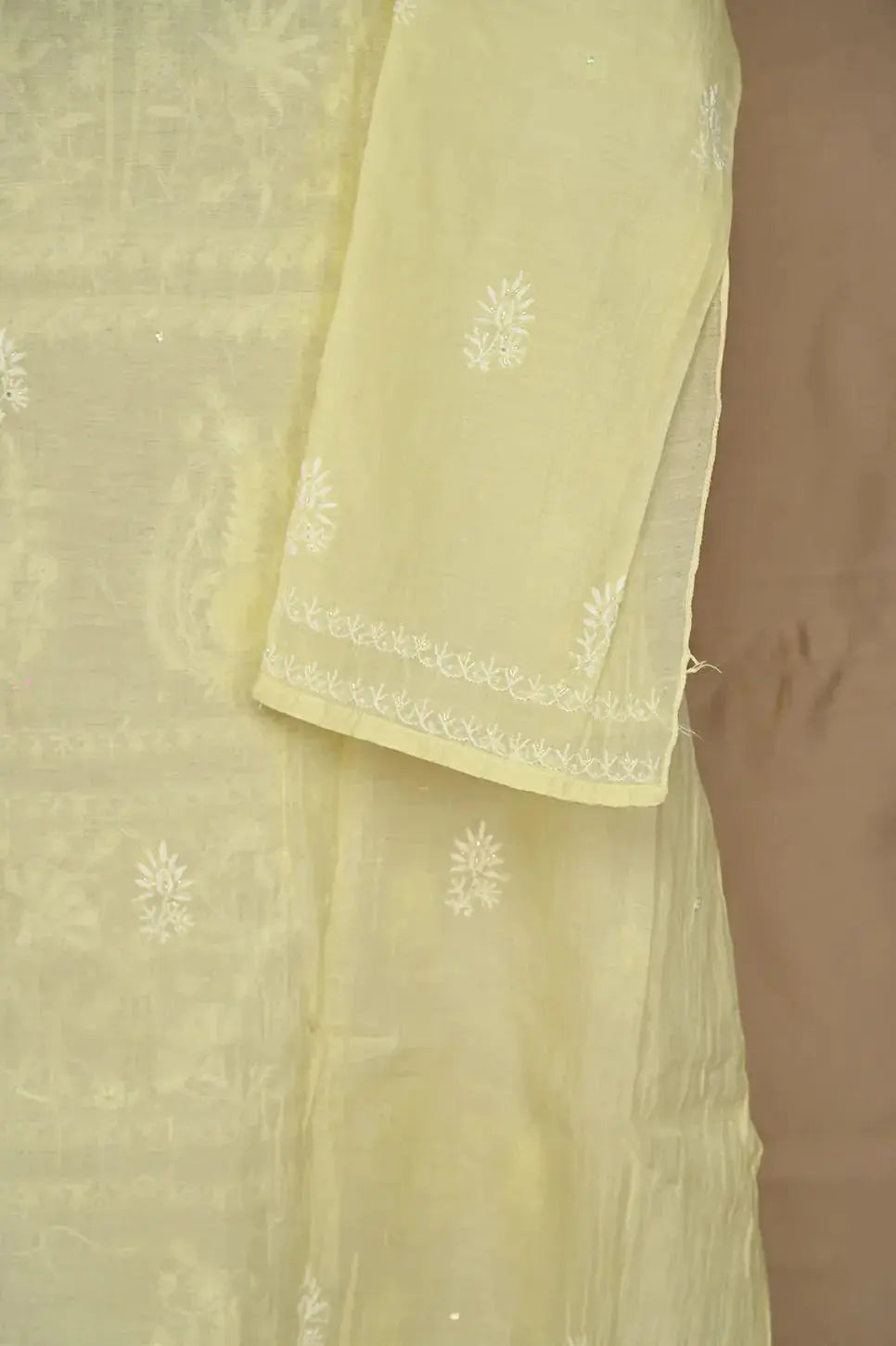 Mul Chanderi Anarkali - Lemon Yellow - Lucknawi Chikankari