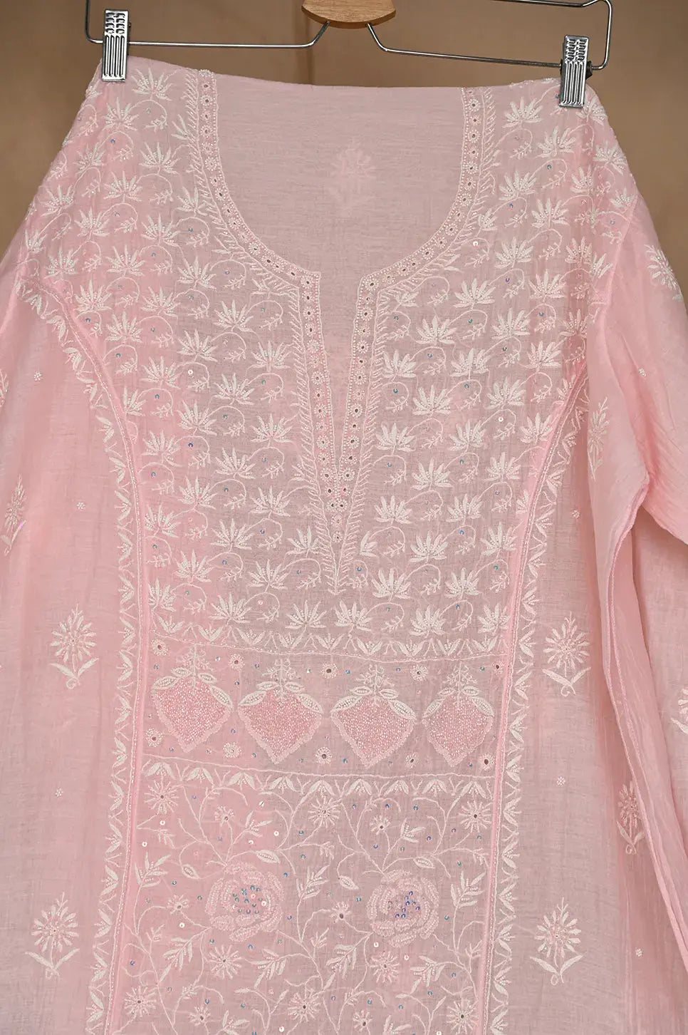 Mul Chanderi Anarkali - Baby Pink 2 - Lucknawi Chikankari