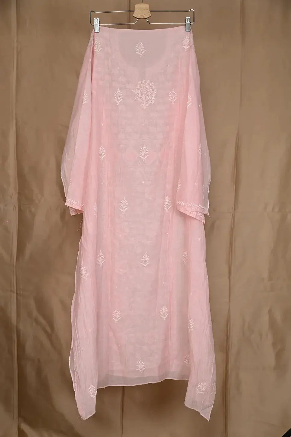 Mul Chanderi Anarkali - Baby Pink 2 - Lucknawi Chikankari