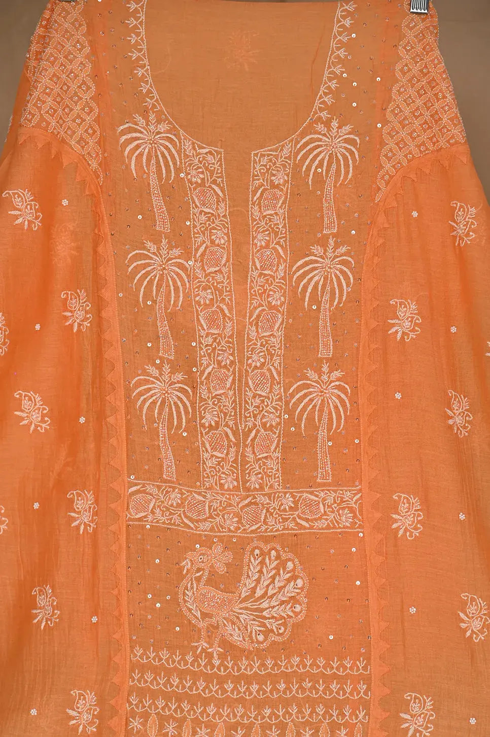 Mul Chanderi Anarkali - Orange - Lucknawi Chikankari