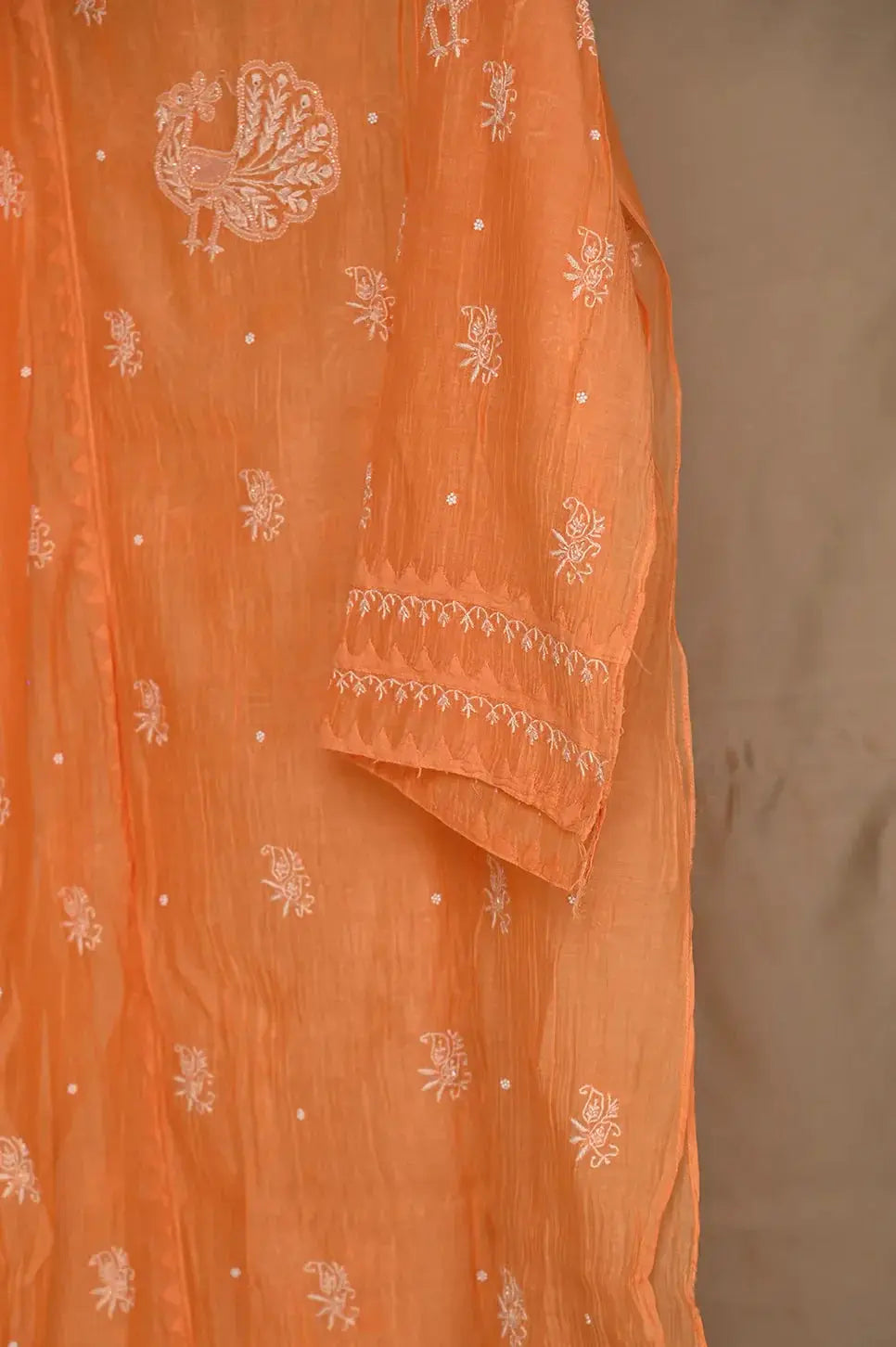 Mul Chanderi Anarkali - Orange - Lucknawi Chikankari