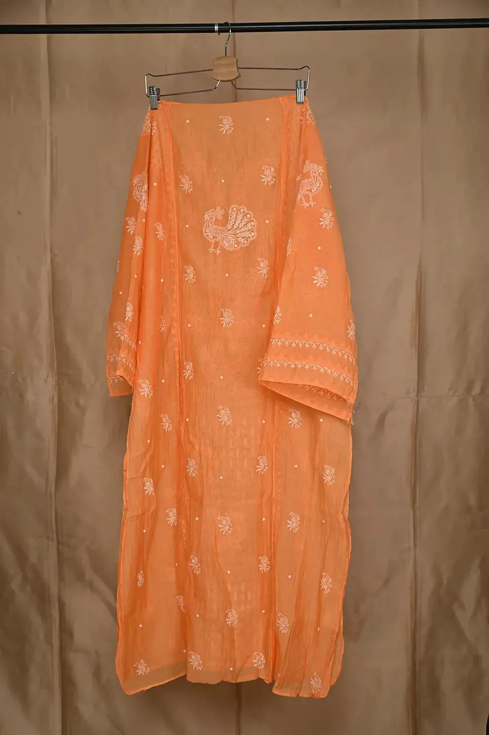 Mul Chanderi Anarkali - Orange - Lucknawi Chikankari