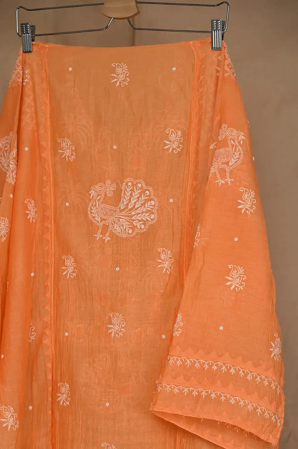 Mul Chanderi Anarkali - Orange - Lucknawi Chikankari