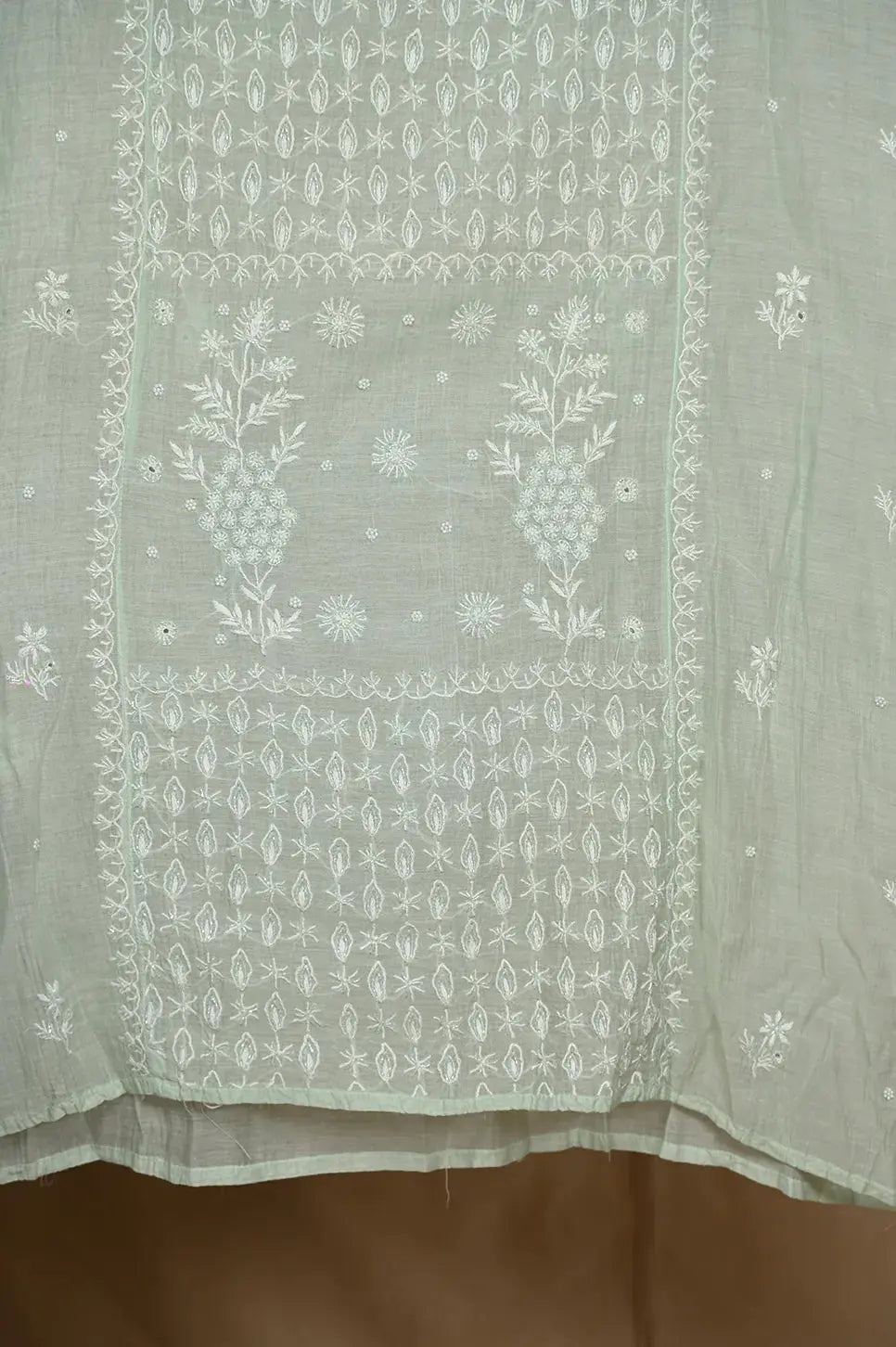 Mul Chanderi Anarkali - Sage Green - Lucknawi Chikankari