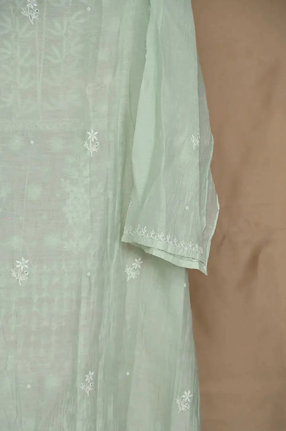 Mul Chanderi Anarkali - Sage Green - Lucknawi Chikankari