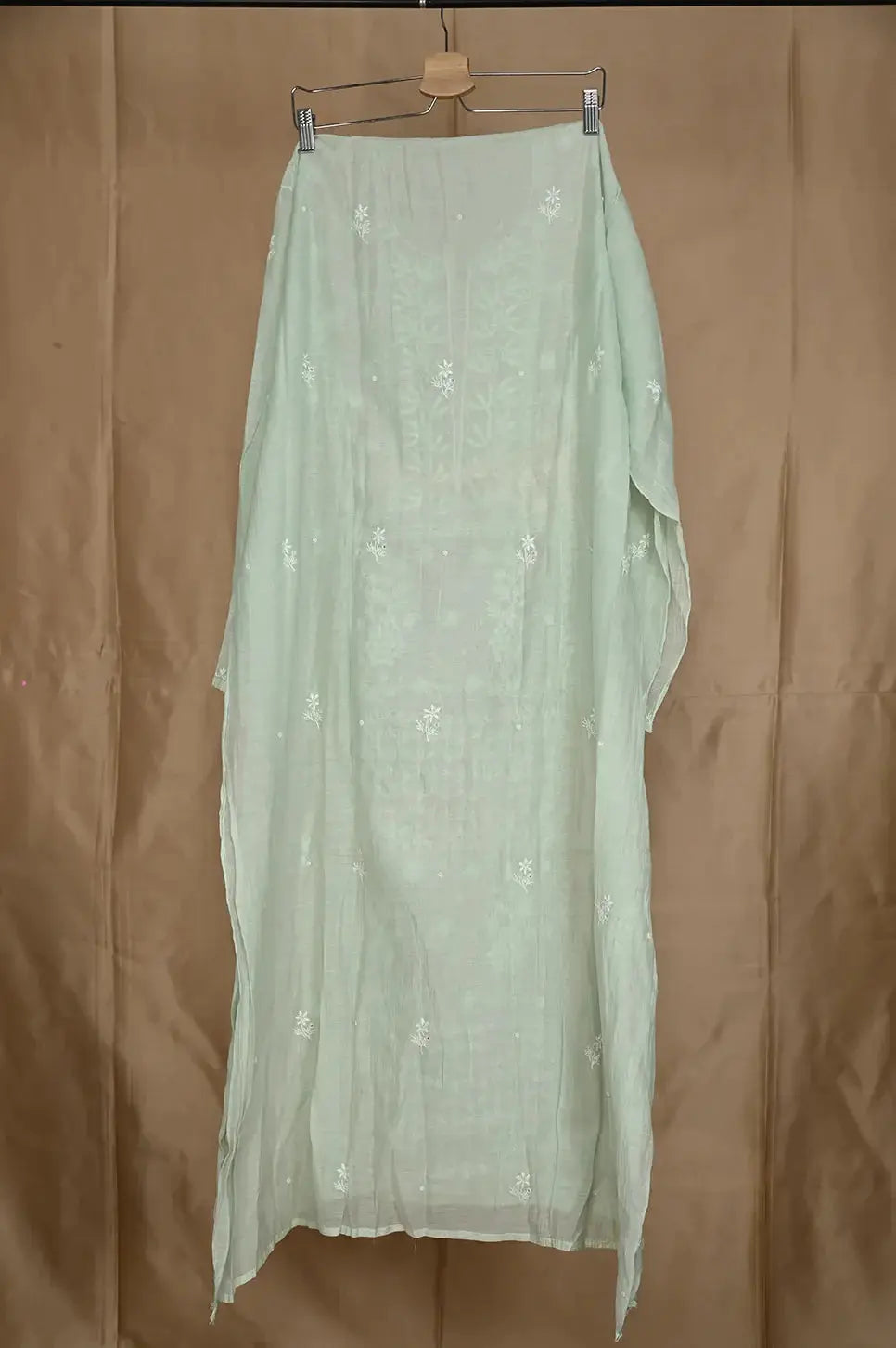 Mul Chanderi Anarkali - Sage Green - Lucknawi Chikankari