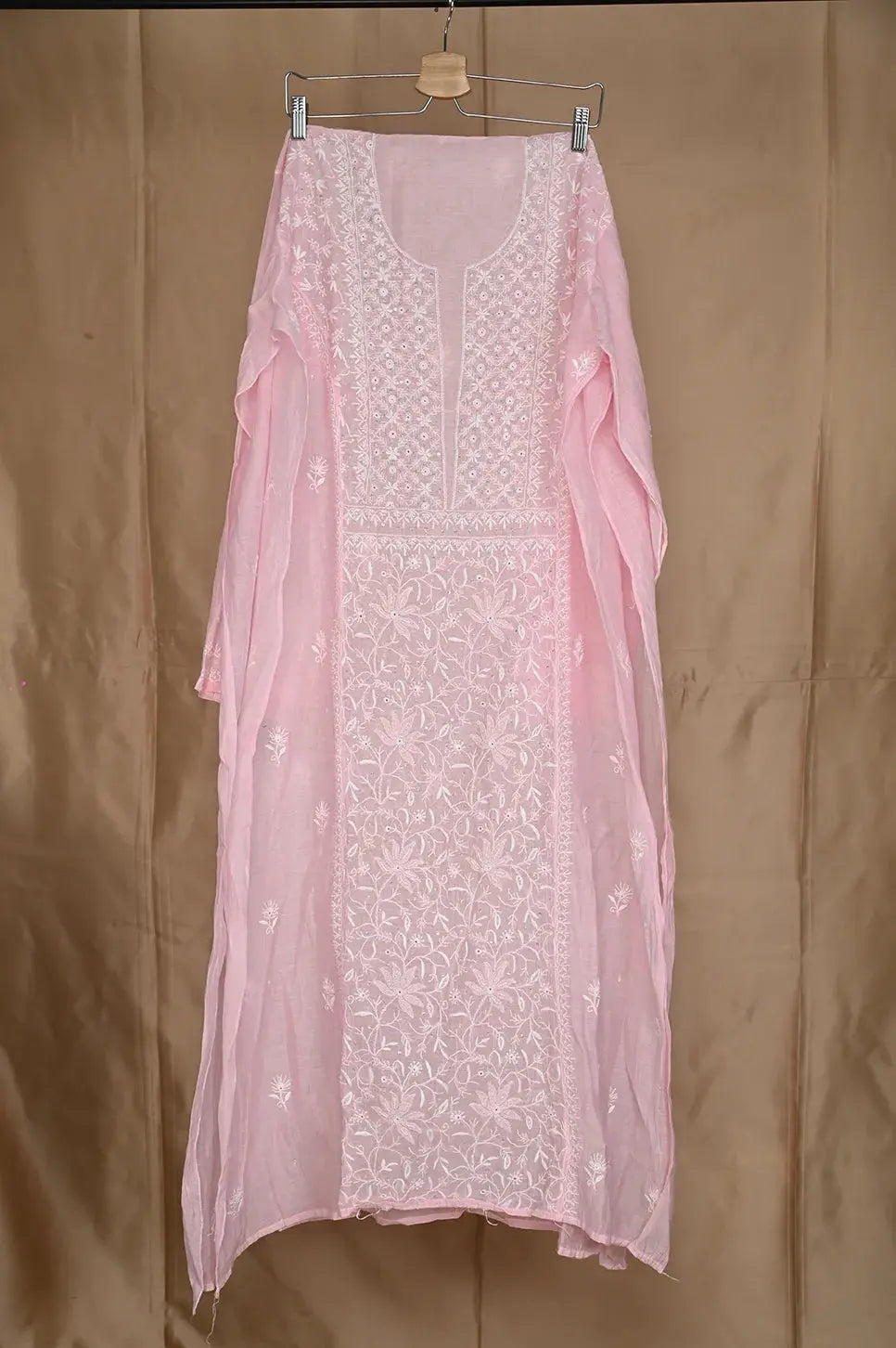 Mul Chanderi Anarkali - Baby Pink - Lucknawi Chikankari