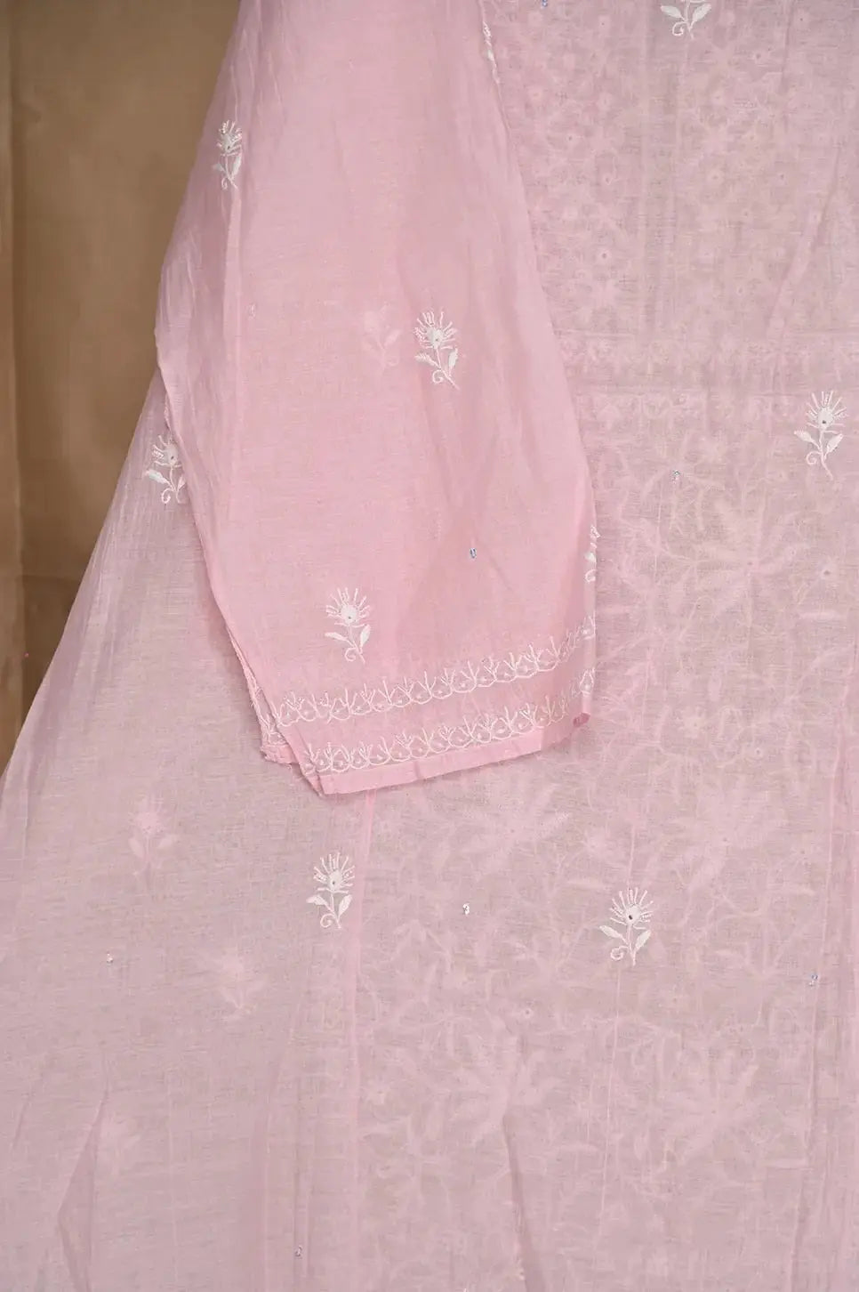 Mul Chanderi Anarkali - Baby Pink - Lucknawi Chikankari