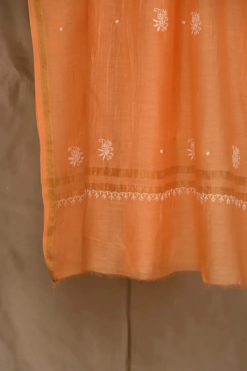 Mul Chanderi Anarkali - Orange - Lucknawi Chikankari