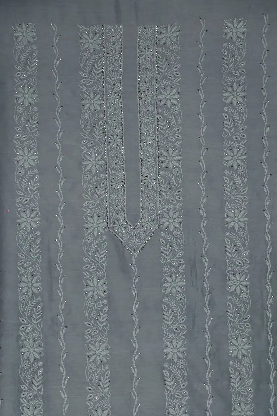 Chanderi Length Mukaish with Dupatta - Grey - Lucknawi Chikankari