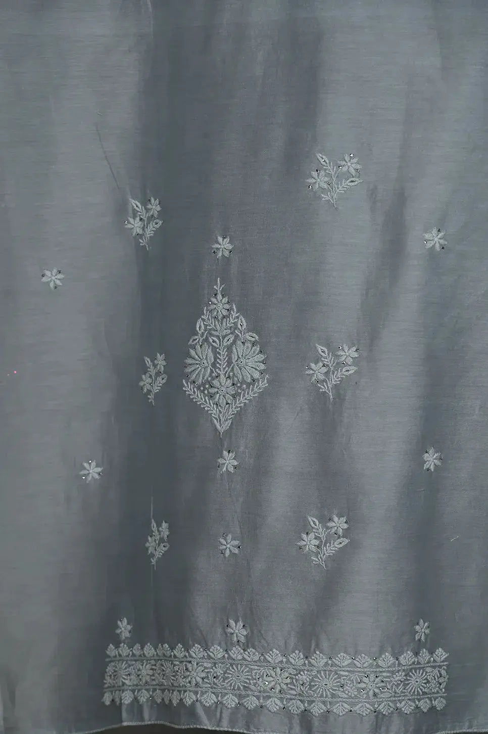 Chanderi Length Mukaish with Dupatta - Grey - Lucknawi Chikankari