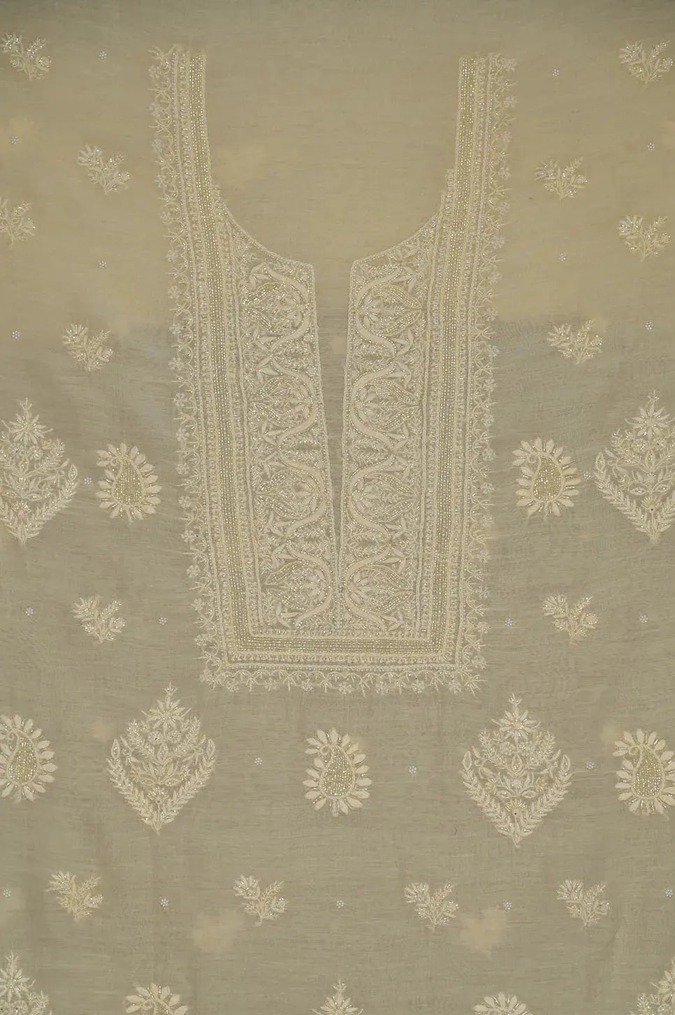 Mul Chanderi Length with Dupatta (with Pearl) - Lemon Yellow 2 - Lucknawi Chikankari