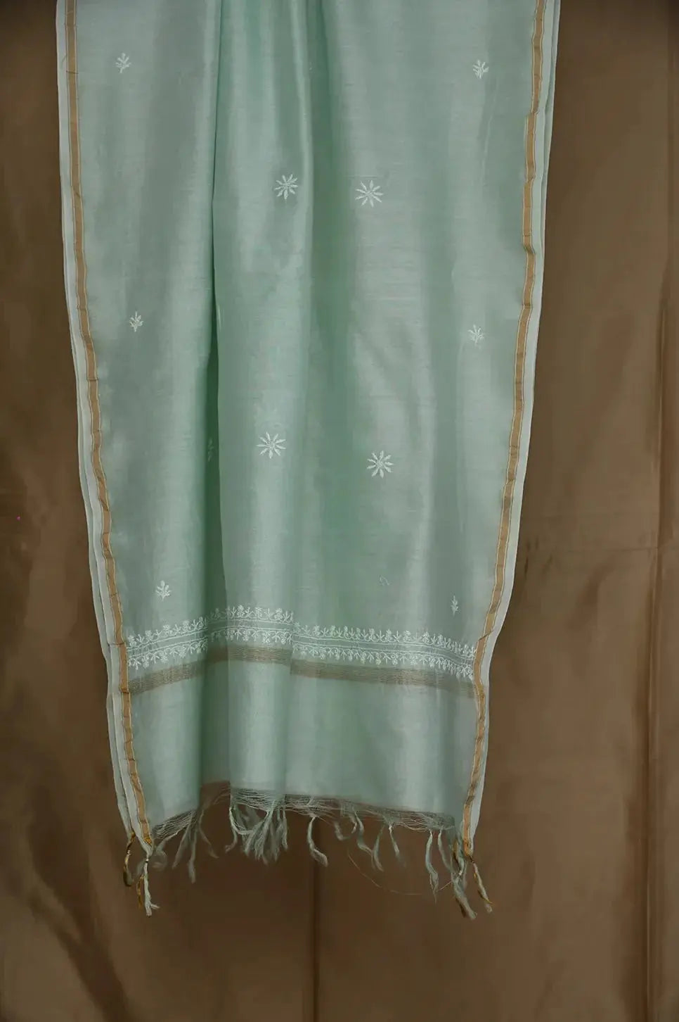 Chanderi Length with Dupatta - Cyan Green - Lucknawi Chikankari