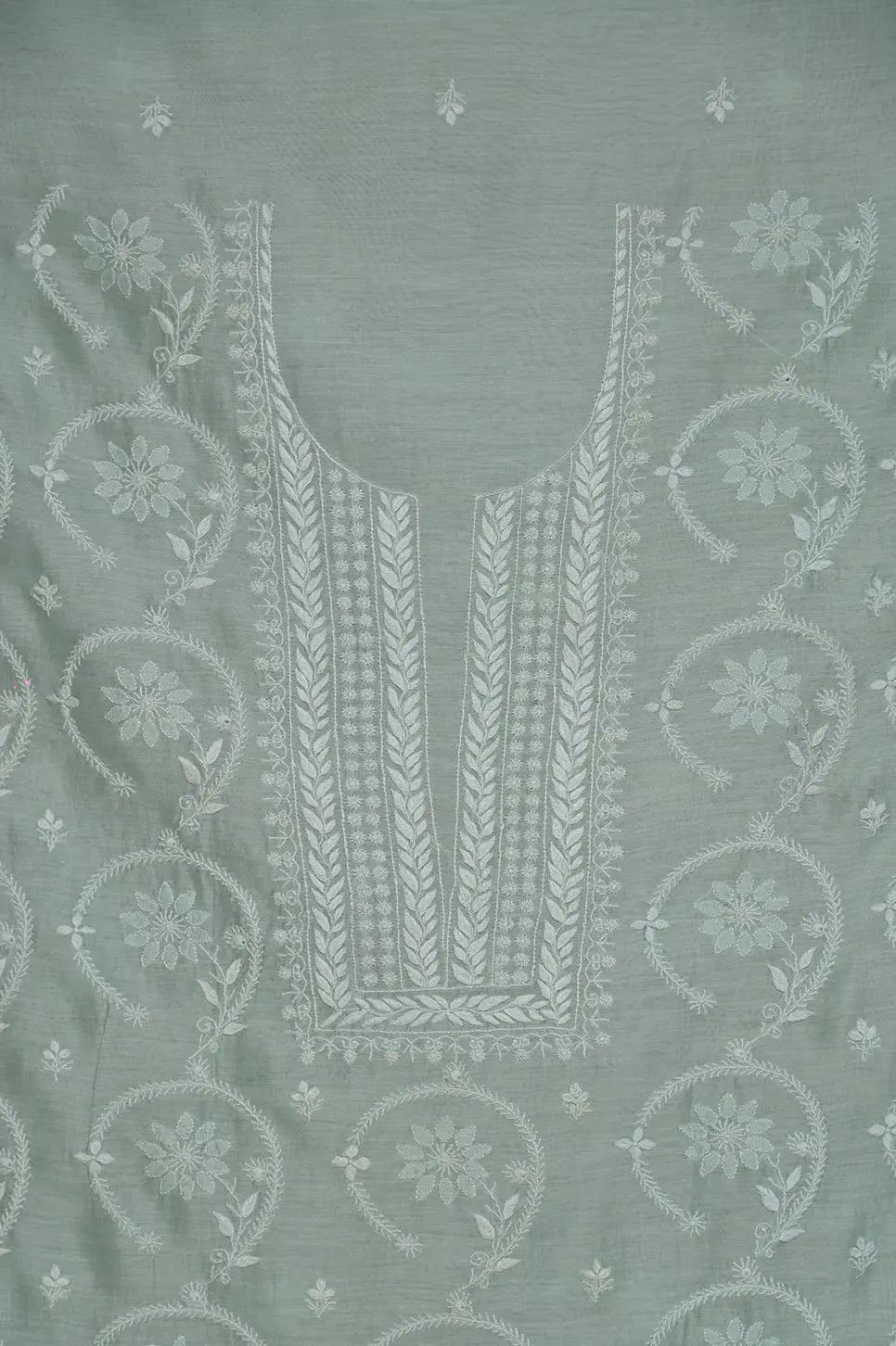 Chanderi Length with Dupatta - Cyan Green - Lucknawi Chikankari