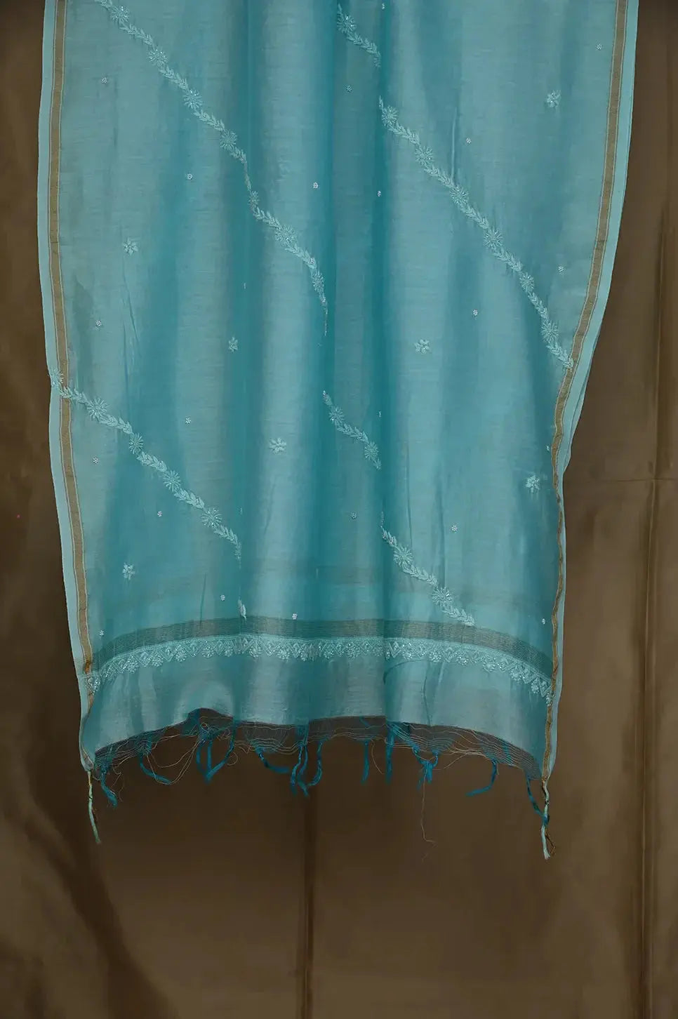 Chanderi Length with Dupatta - Firozi Blue - Lucknawi Chikankari