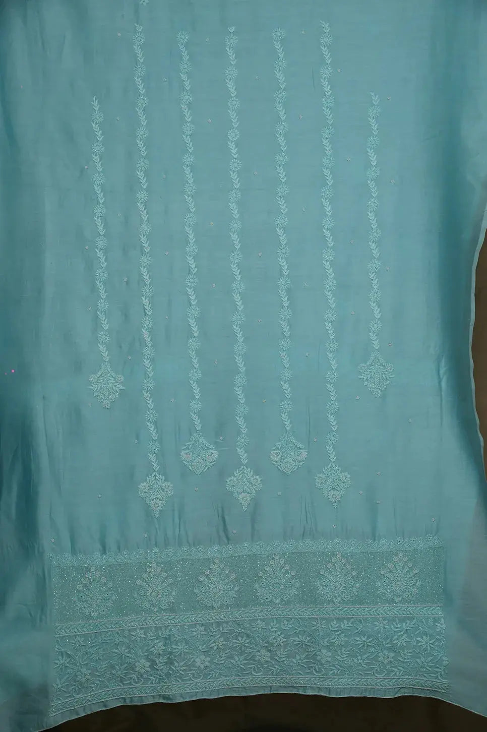 Chanderi Length with Dupatta - Firozi Blue - Lucknawi Chikankari