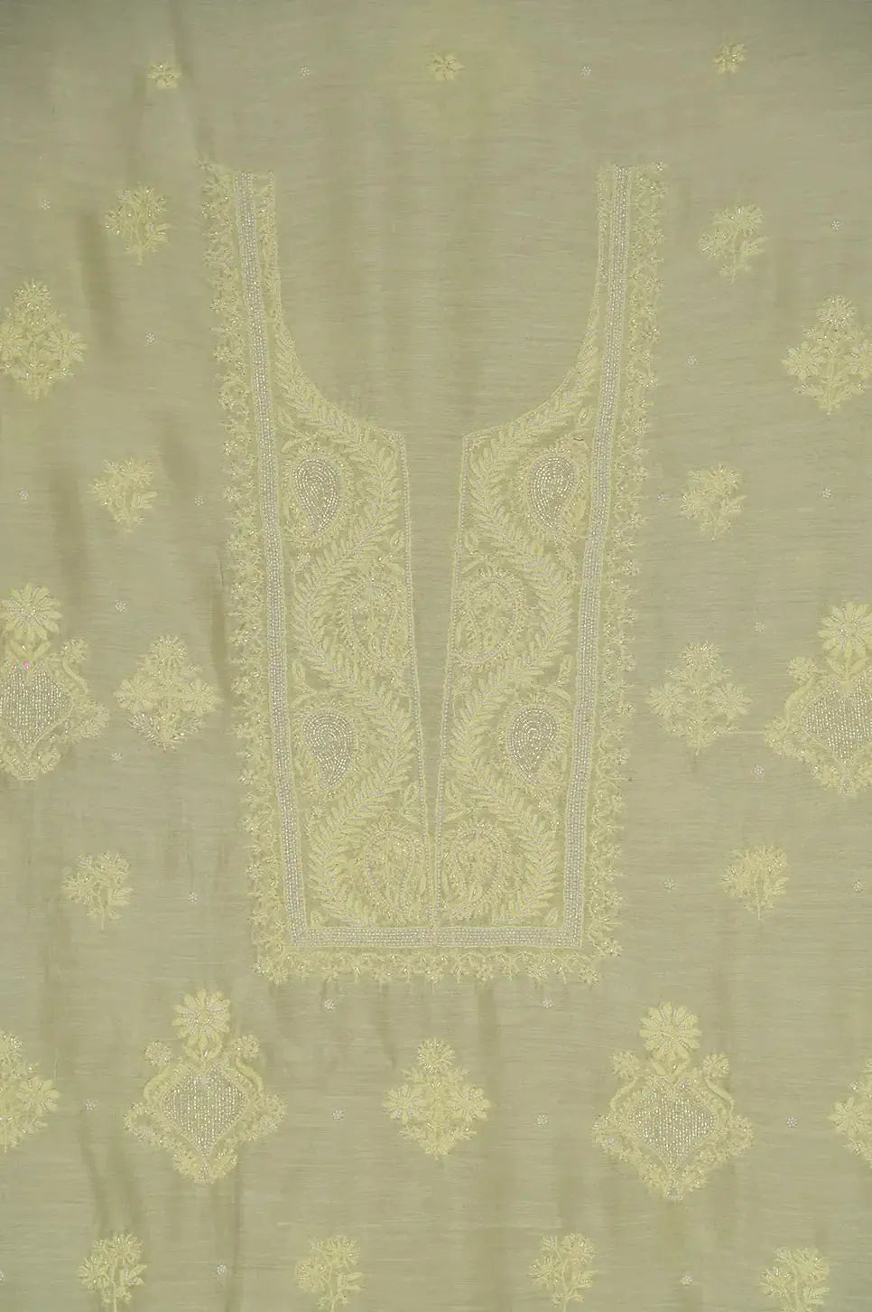 Chanderi Length with Dupatta - Lemon Yellow - Lucknawi Chikankari