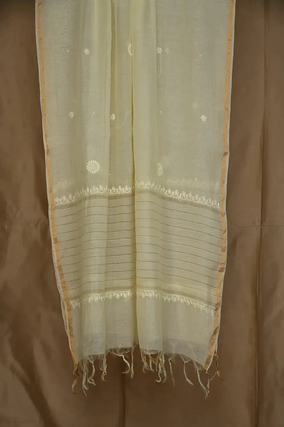 Chanderi Length with Dupatta - Lemon Yellow - Lucknawi Chikankari