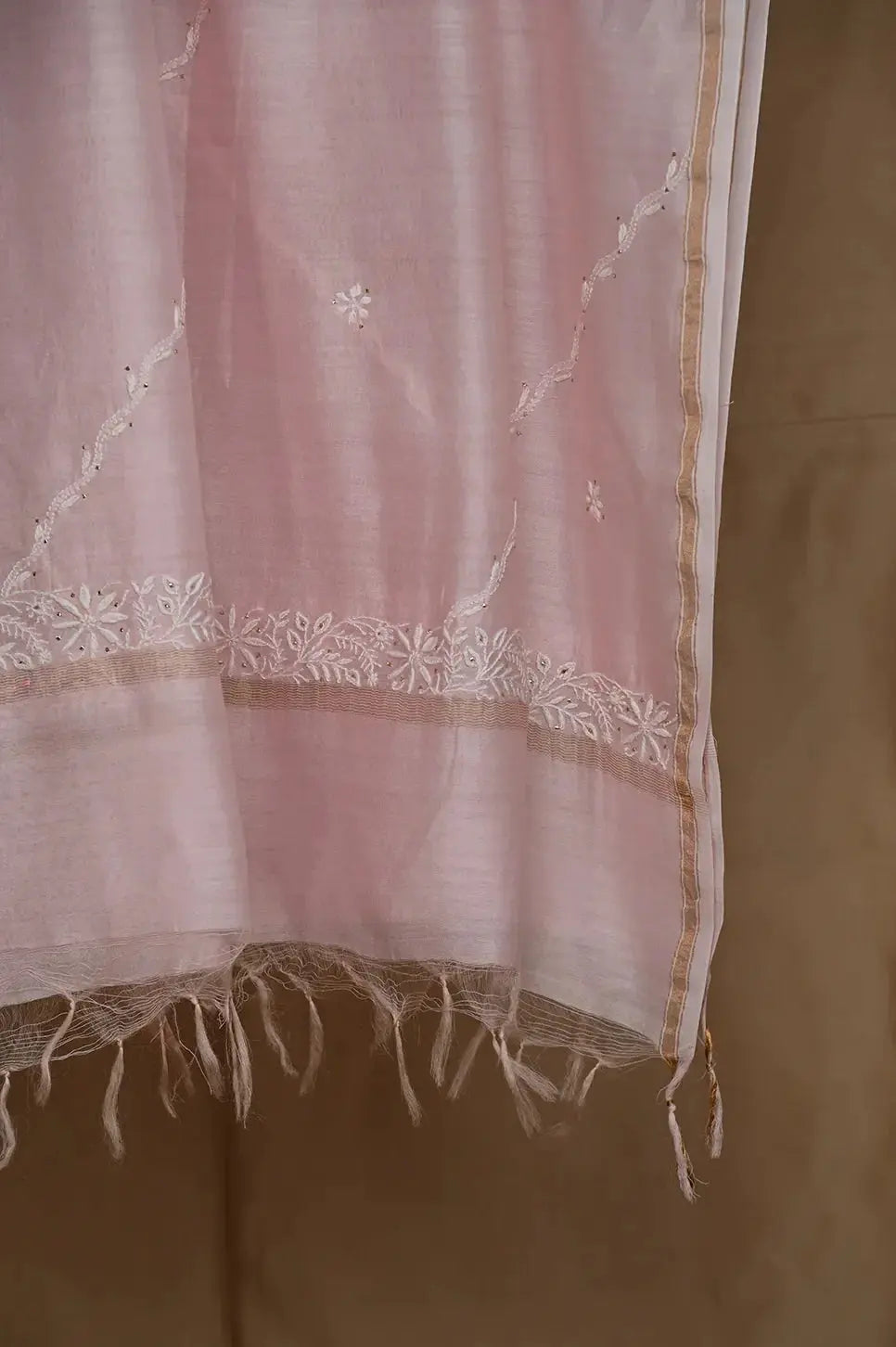 Chanderi Length Mukaish with Dupatta - Pale Pink: adorned with Authentic Lucknawi Chikankari Details