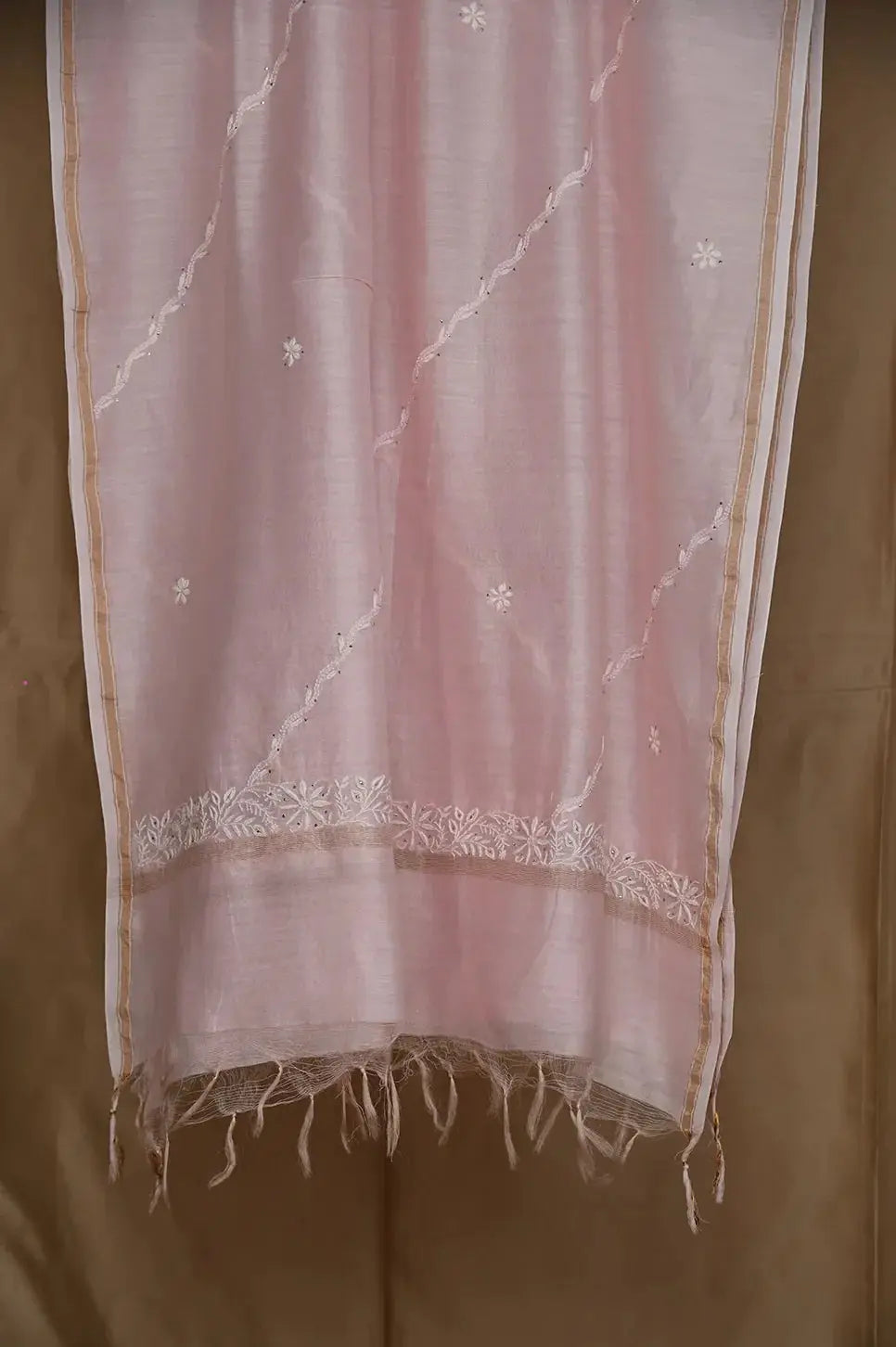 Chanderi Length Mukaish with Dupatta - Pale Pink: adorned with Authentic Lucknawi Chikankari Details