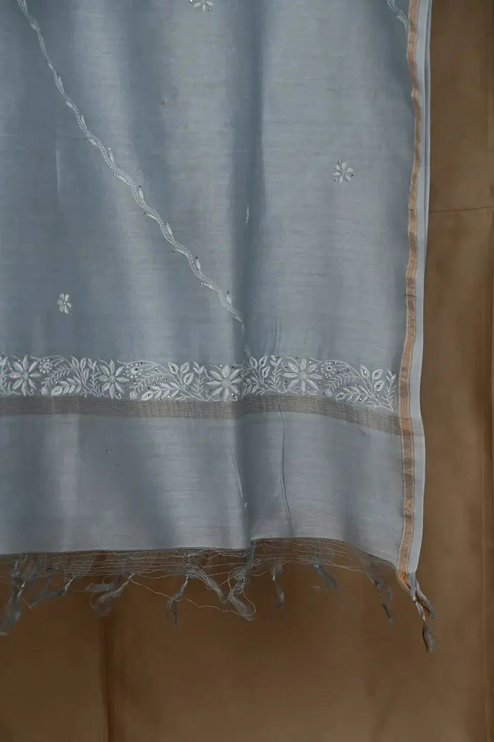 Chanderi Length Mukaish with Dupatta - Grey - Lucknawi Chikankari