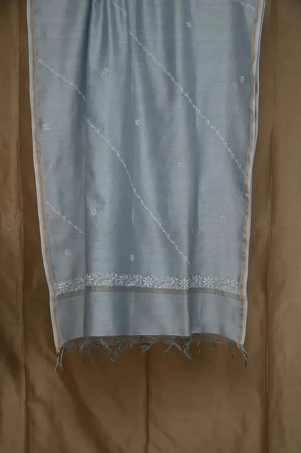 Chanderi Length Mukaish with Dupatta - Grey - Lucknawi Chikankari