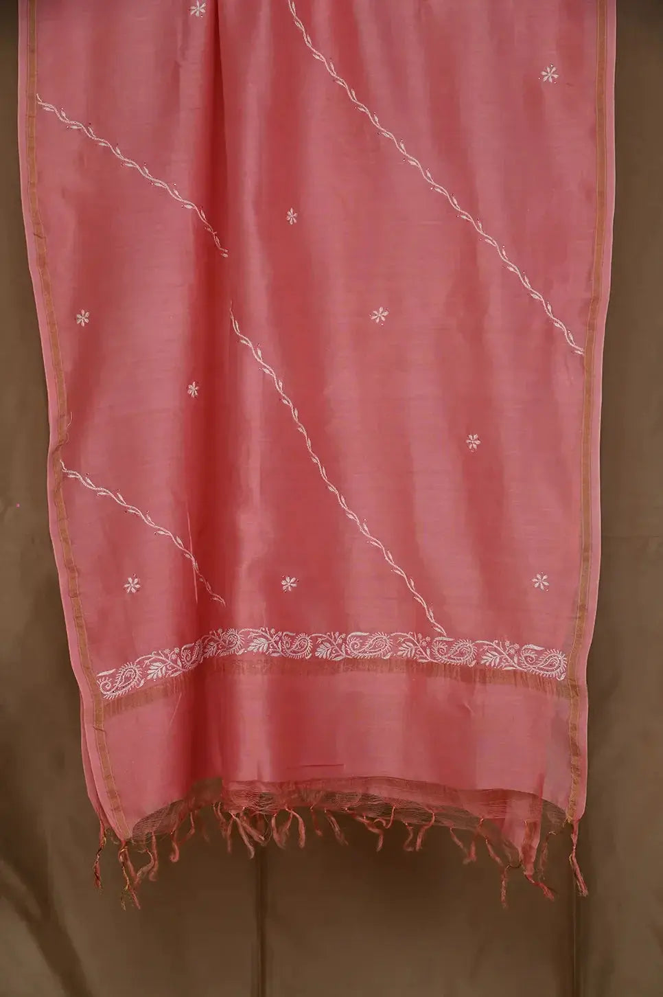 Chanderi Length Mukaish with Dupatta - Rosewood 2 - Lucknawi Chikankari