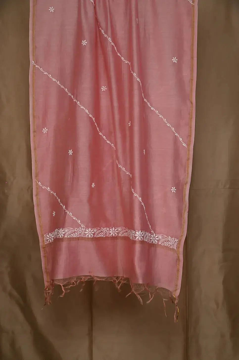 Chanderi Length Mukaish with Dupatta - Rosewood - Lucknawi Chikankari