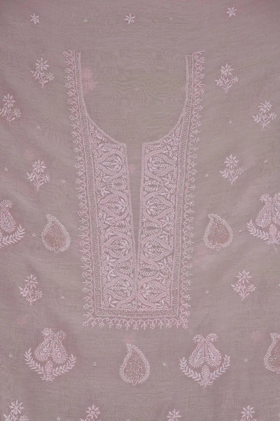 Mul Chanderi Length with Dupatta (with Pearl) - Baby Pink - Lucknawi Chikankari