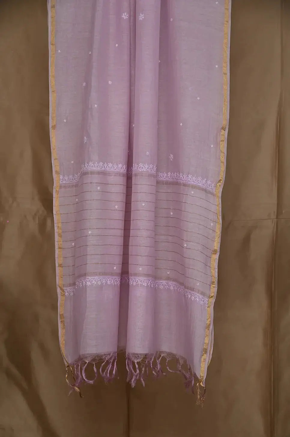 Mul Chanderi Length with Dupatta (with Pearl) - Lilac - Lucknawi Chikankari