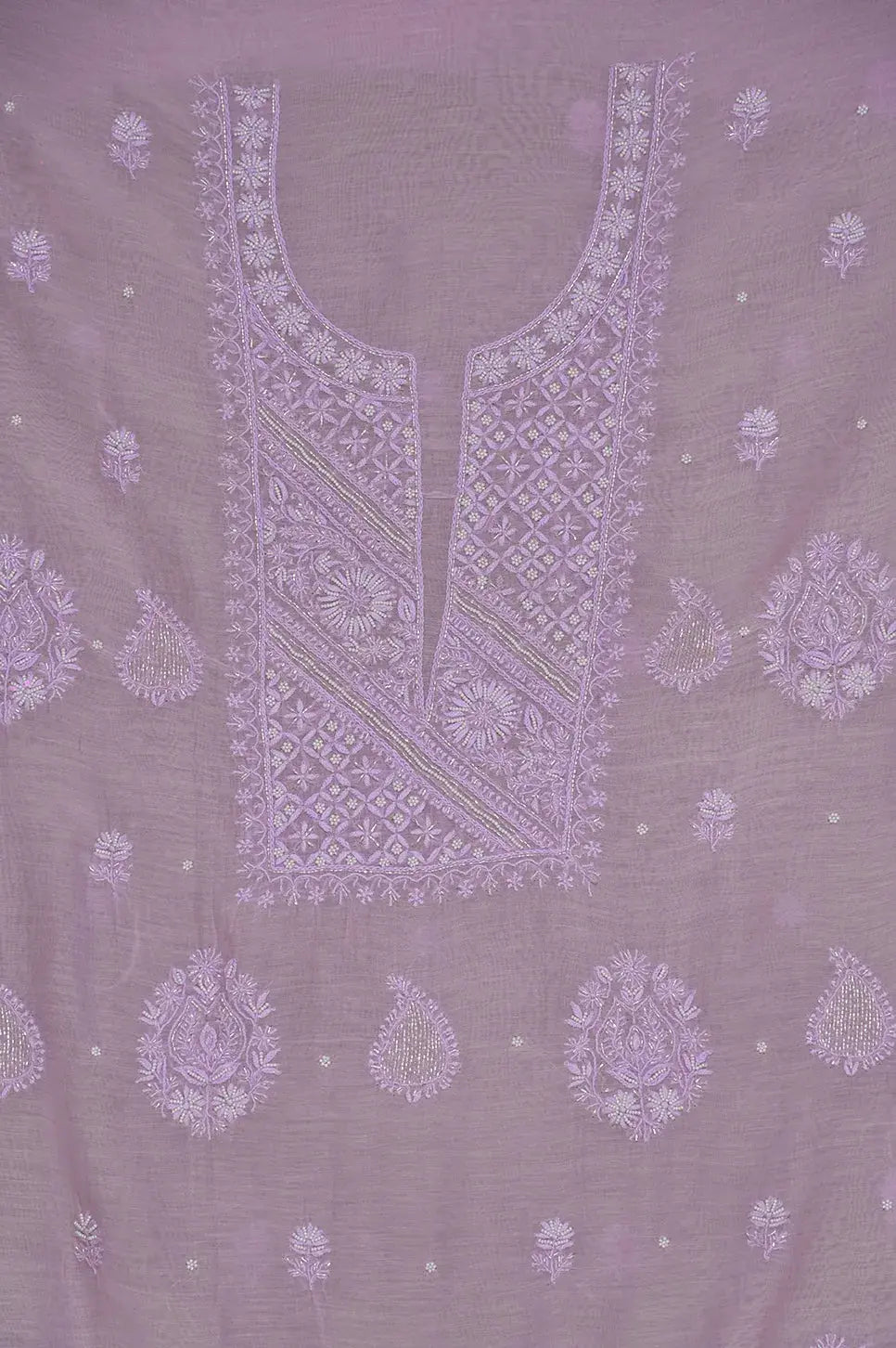 Mul Chanderi Length with Dupatta (with Pearl) - Lilac - Lucknawi Chikankari