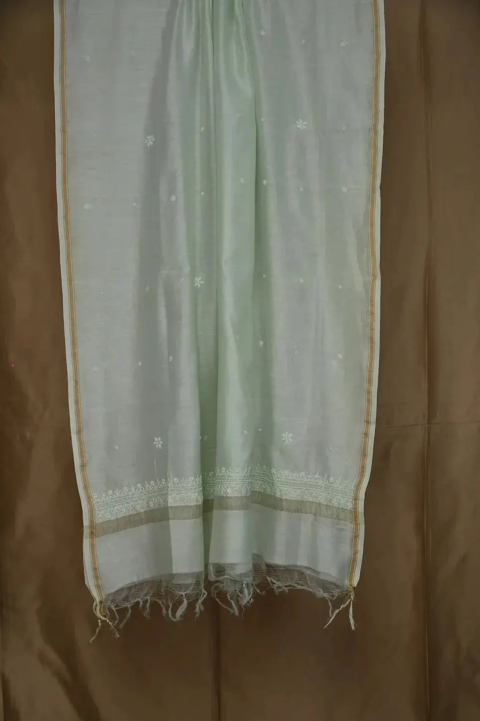 Mul Chanderi Length with Dupatta (with Pearl) - Sage Green - Lucknawi Chikankari