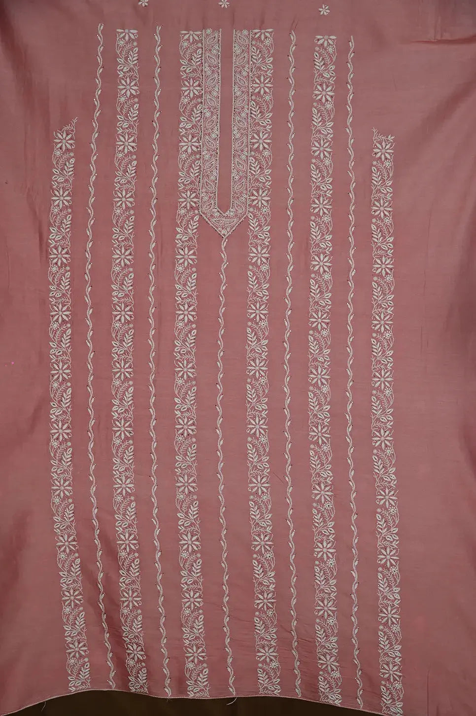 Chanderi Length Mukaish with Dupatta - Rosewood - Lucknawi Chikankari