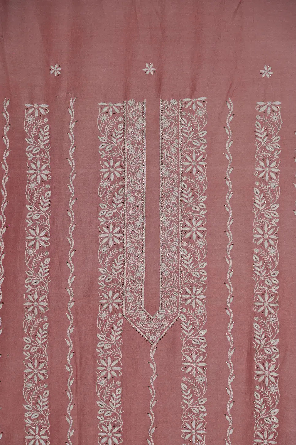 Chanderi Length Mukaish with Dupatta - Rosewood - Lucknawi Chikankari