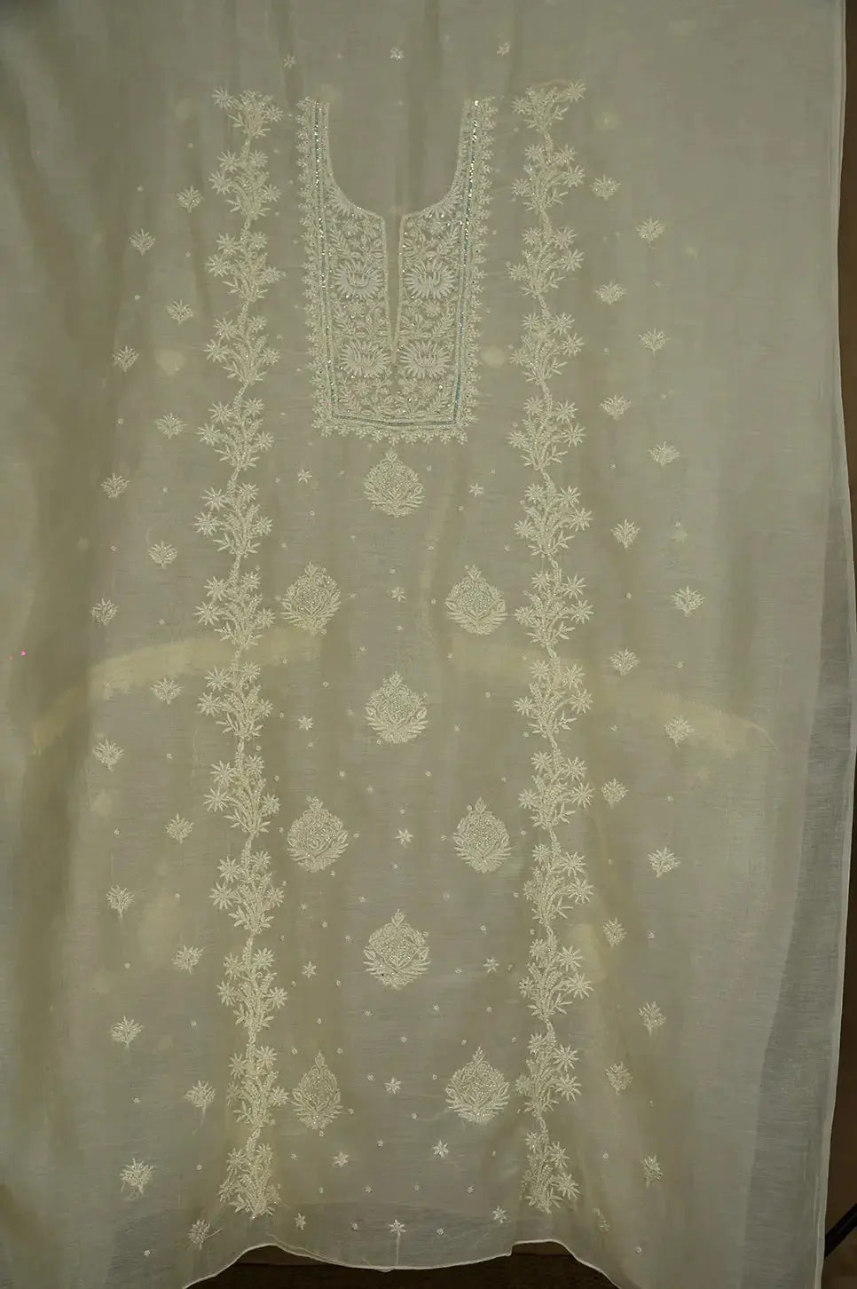 Mul Chanderi Length with Dupatta (with Pearl) - Lemon Yellow - Lucknawi Chikankari