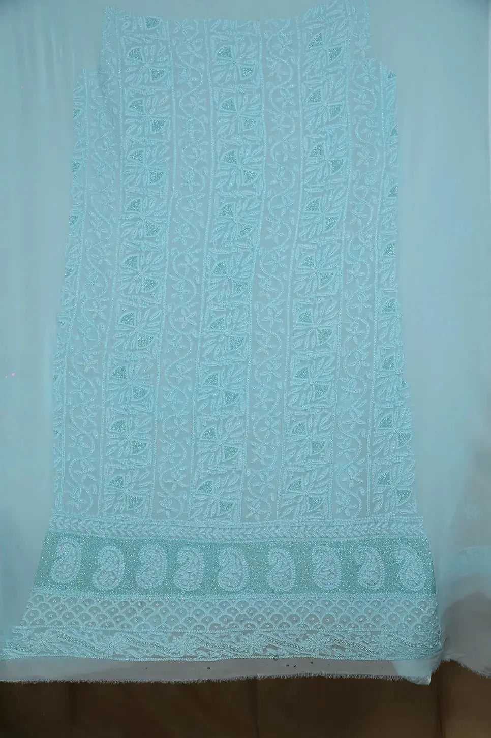 Viscose Length with Dupatta - Cyan Blue - Lucknawi Chikankari