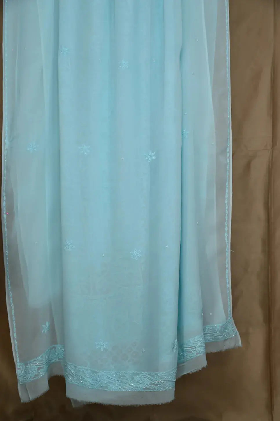 Viscose Length with Dupatta - Cyan Blue - Lucknawi Chikankari