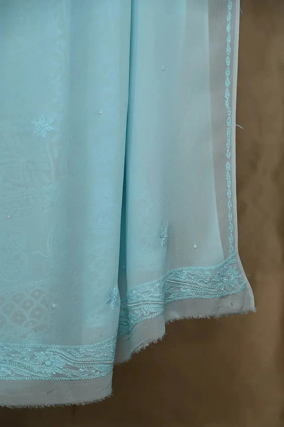 Viscose Length with Dupatta - Cyan Blue - Lucknawi Chikankari