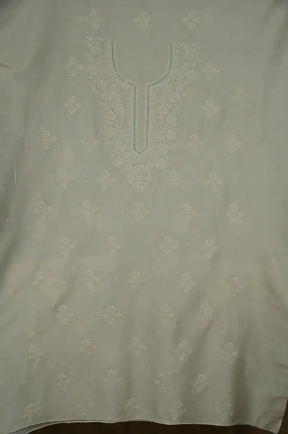 Mul Chanderi Length with Dupatta (with Pearl) - Cream Yellow - Lucknawi Chikankari