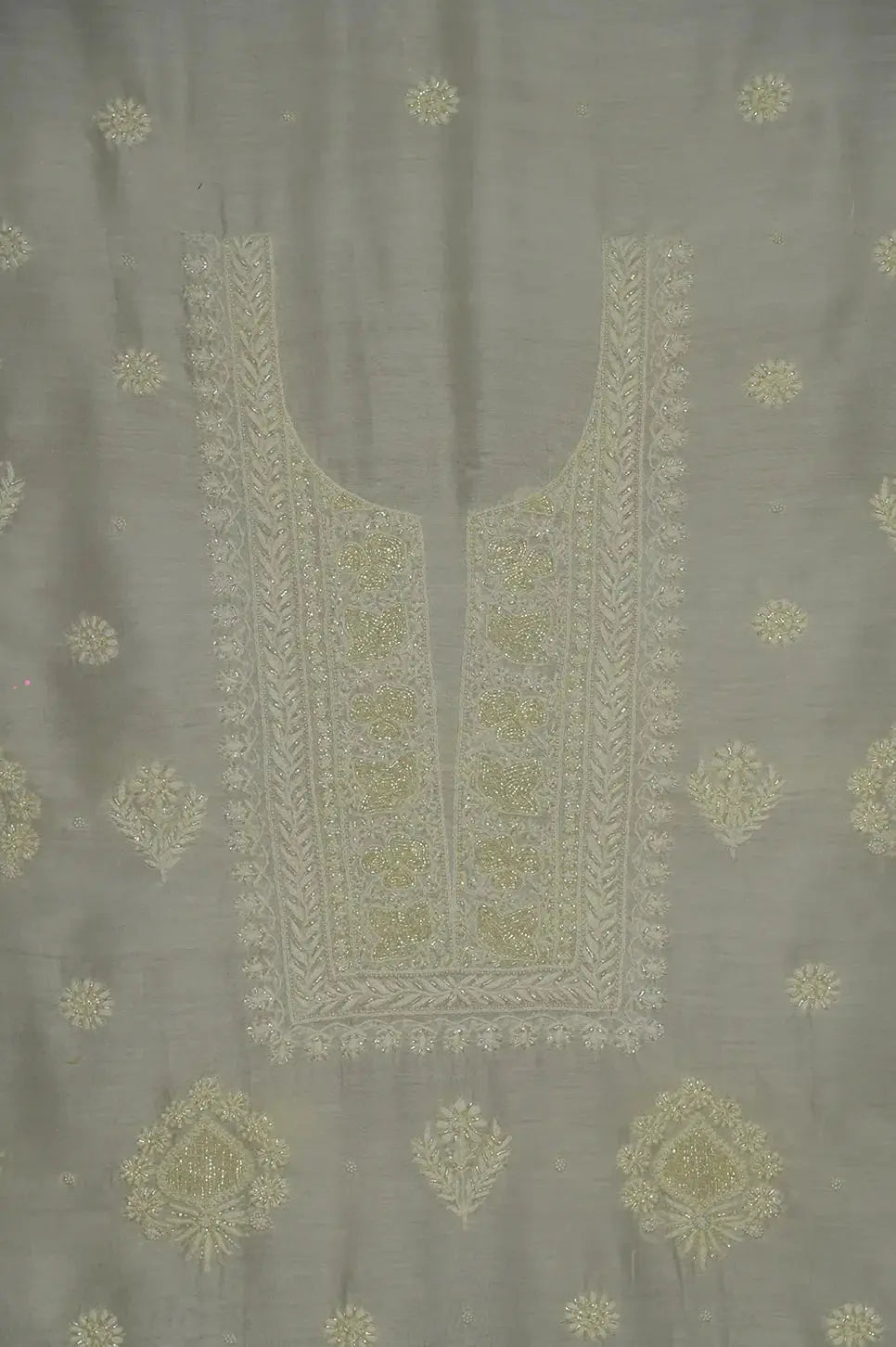 Mul Chanderi Length with Dupatta (with Pearl) - Light Yellow - Lucknawi Chikankari